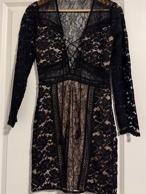 Express Black Lace Long-Sleeve V-Neck Sheer Sheath Dress with Nude Lining